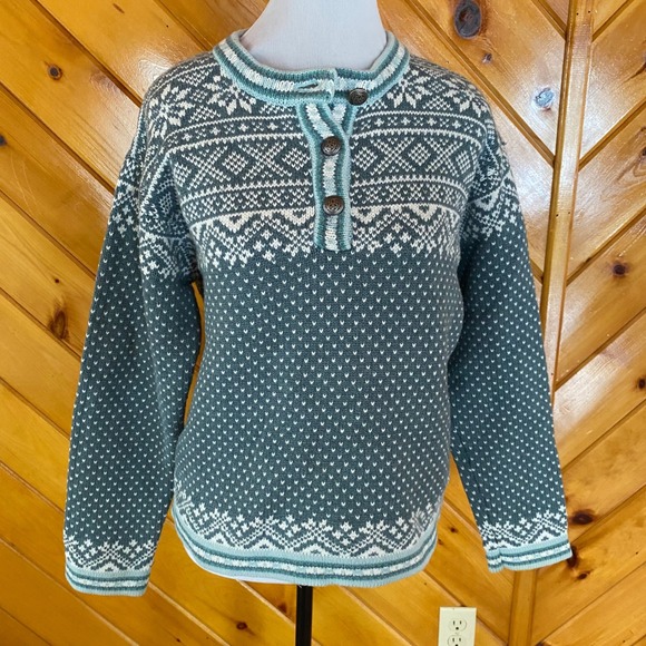 L.L. Bean Sweaters - L.L. Bean Women's Fair Isle Knit Cotton Sweater Teal White Vintage Medium